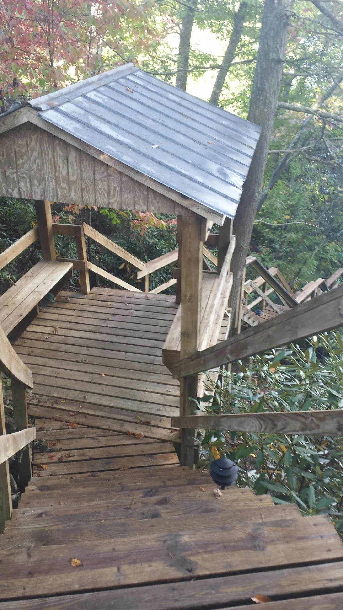 Metal roofed shelter over wooden steps on a wooded walkway — Skylight Repair & Installation work by our crew in Woodlake